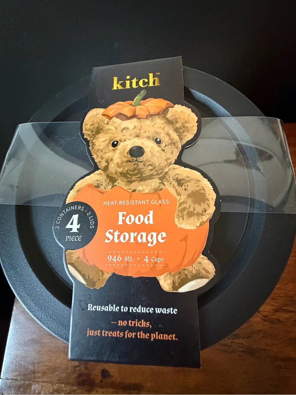 Kitch Halloween Bear Pumpkin Glass Food Storage Bowls - Black Lids